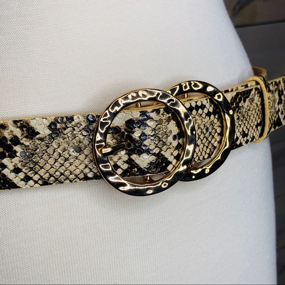 Trendy Faux Snakeskin Belt with Two Gold Circles - Picture 2 of 7